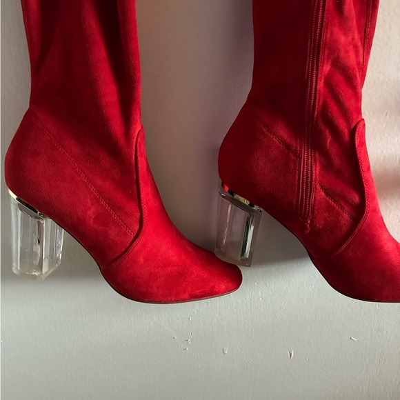 Red Suede Women's Boots with Clear Heels - Picture 3 of 5